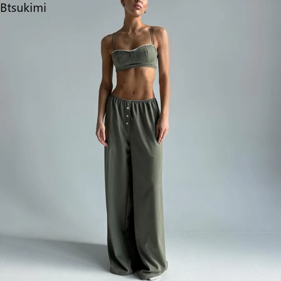 

Women's Summer Casual Wide Leg Pants Set Backless Sleepwear Spaghetti Strap Pajamas Crop Top Nightie Pants Female Nightwear Suit