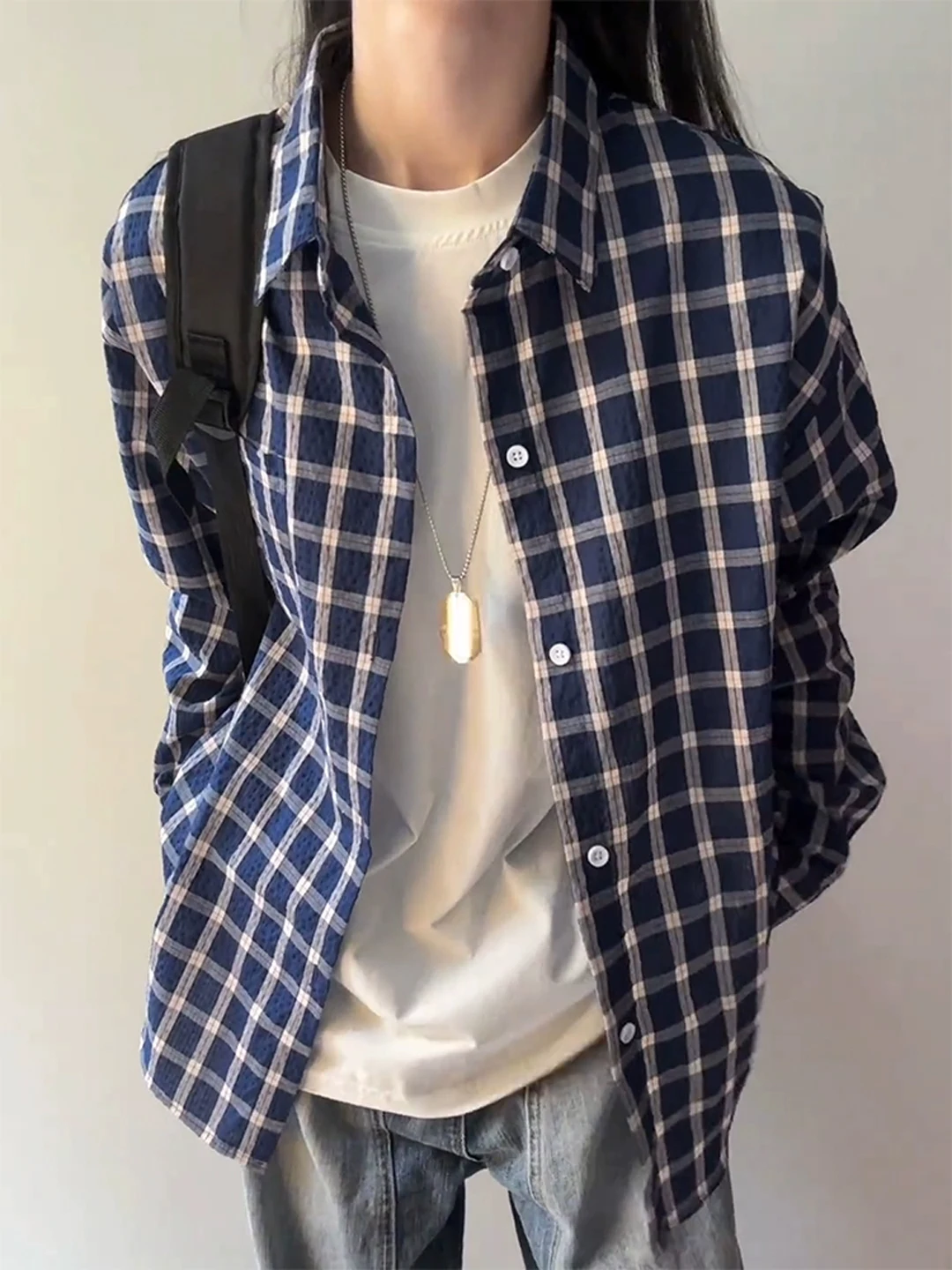 

Stand Fit Long Sve Plaid Bubble irt Men's Autumn American Retro Lazy Sle k Blue irt Cleanfit Jaet for Men