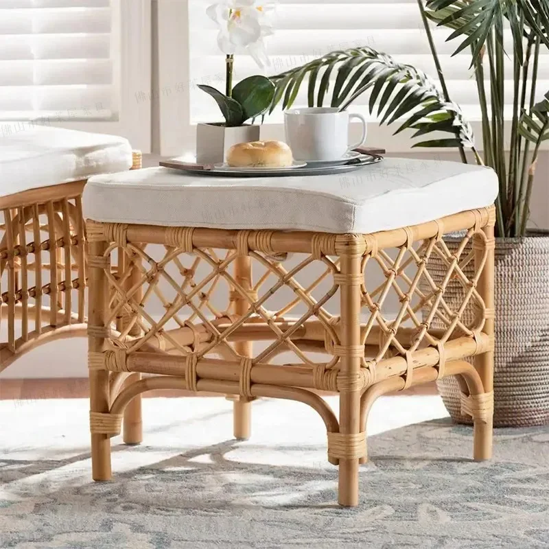 حذاء تزيين من الخشب الصلب المربع الصغير من الروطان الحقيقي، تغيير مدخل الإقامة المنزلية، مقعد منخفض #2