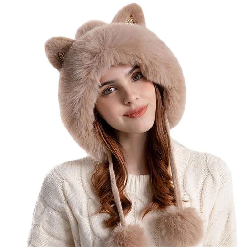 Women Cute Warm Knitted Hats for Lady Winter Cartoon Cat\'s Ears Two Balls Earflap Cap Plush Fluffy Thicken Fur Beanie Hat Female