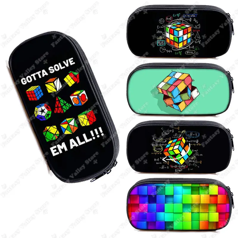Estuche de cosméticos con estampado de fórmula matemática de cubo mágico, estuche para lápices, bolígrafo para estudiantes, bolsa estacionaria, caja de lápices Geek, regalo de suministros escolares