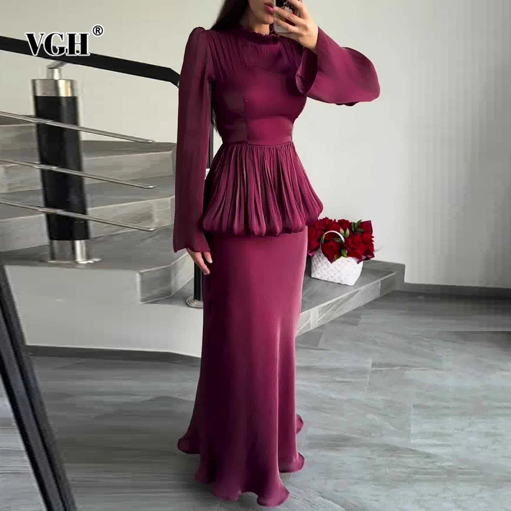 

VGH Elegant Vintage Slimming Solid Dresses For Women Round Neck Long Sleeve High Waist Spliced Folds Designer Dress Female New