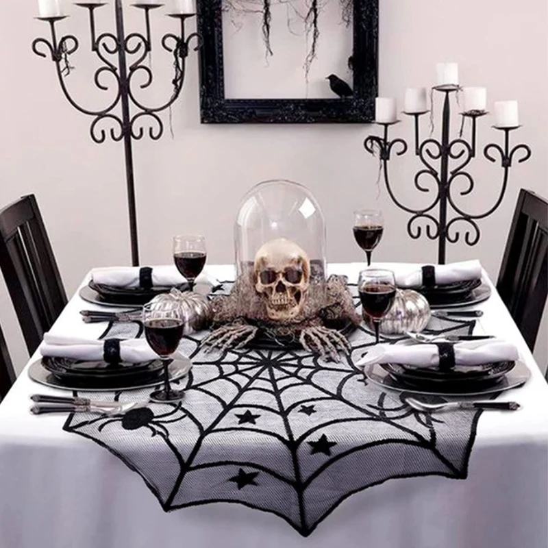 Halloween Decoração Lace Spider Web Esqueleto Crânio Toalha De Mesa, Preto Lareira Mantel Lenço, Fontes Do Partido Do Evento