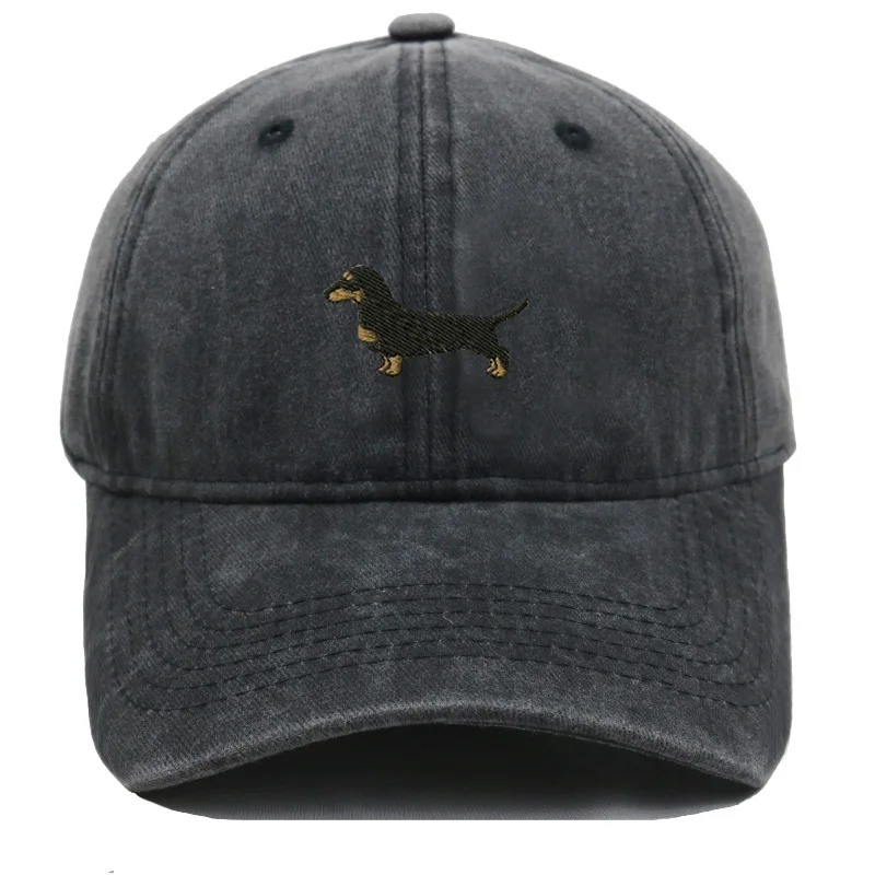 1pc Washed Dachshund Dog Embroidery Baseball Cap Unisex Adjustable Curved Brim Dad Hat Dog Lover Casual Sun Hat Pet Owner Gift