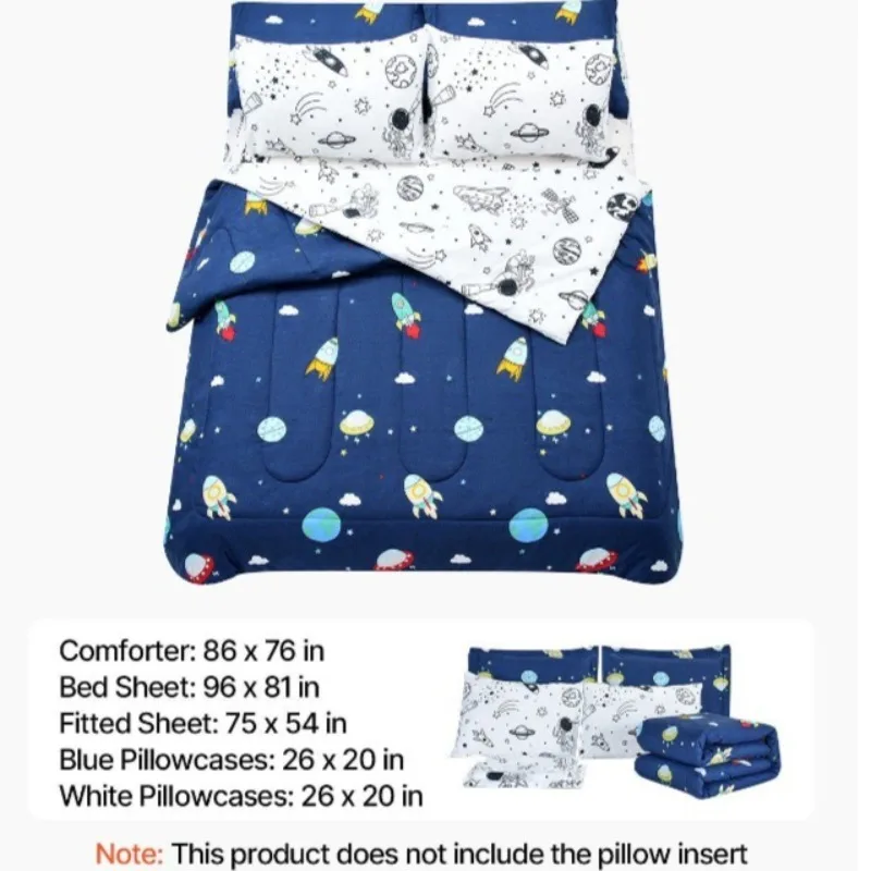 Vibrant 7-Piece Kids Comforter Set Twin Size Space Printed Bedding
