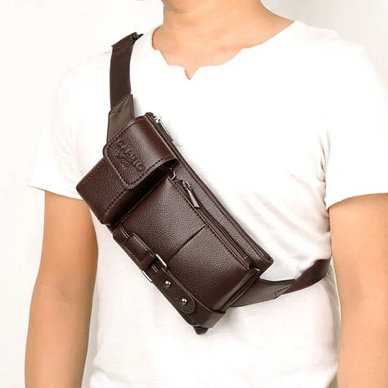 Riñonera de cuero PU para hombre, bolso de hombro de negocios informal, bandolera deportiva, bolsa de mensajero para hombre