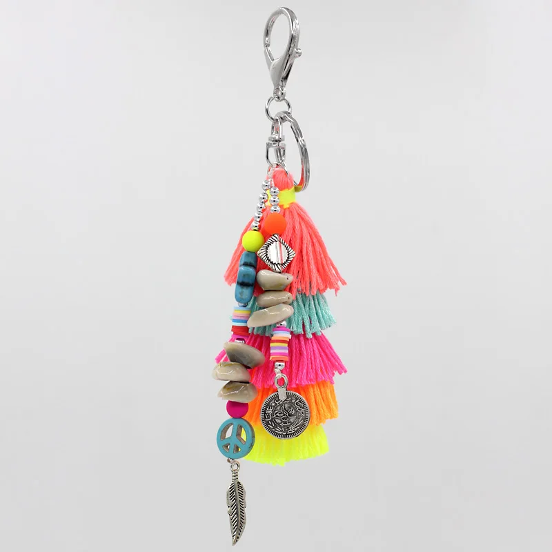 Handmade Jewelry Boho Keychain Shell Stone Tassel Beads Strand Pendant Charm Key Chains for Women Bag Car Ring Key Accessories