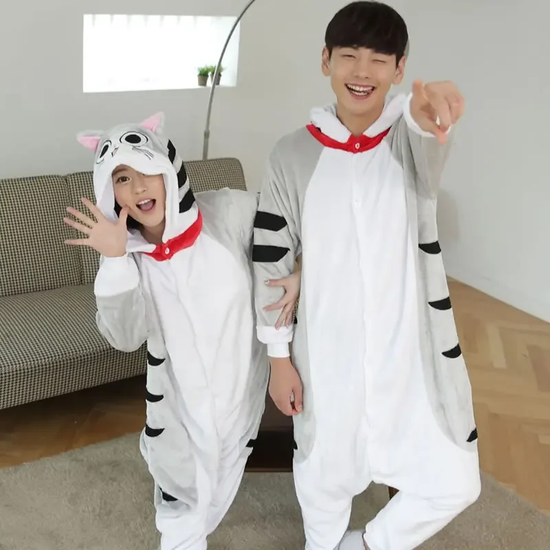 Unisex Winter One-Piece Cartoon Grey Cat Pajamas With Two Pink Pointed Ears Polyester Warm Comfortable Lovely Sleepwear Cosplay