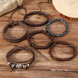 Vintage Leather Men’s Bracelet Set Hand Woven Fashion Alloy Wooden Beads Braided Leather Bracelet Gifts For Friend