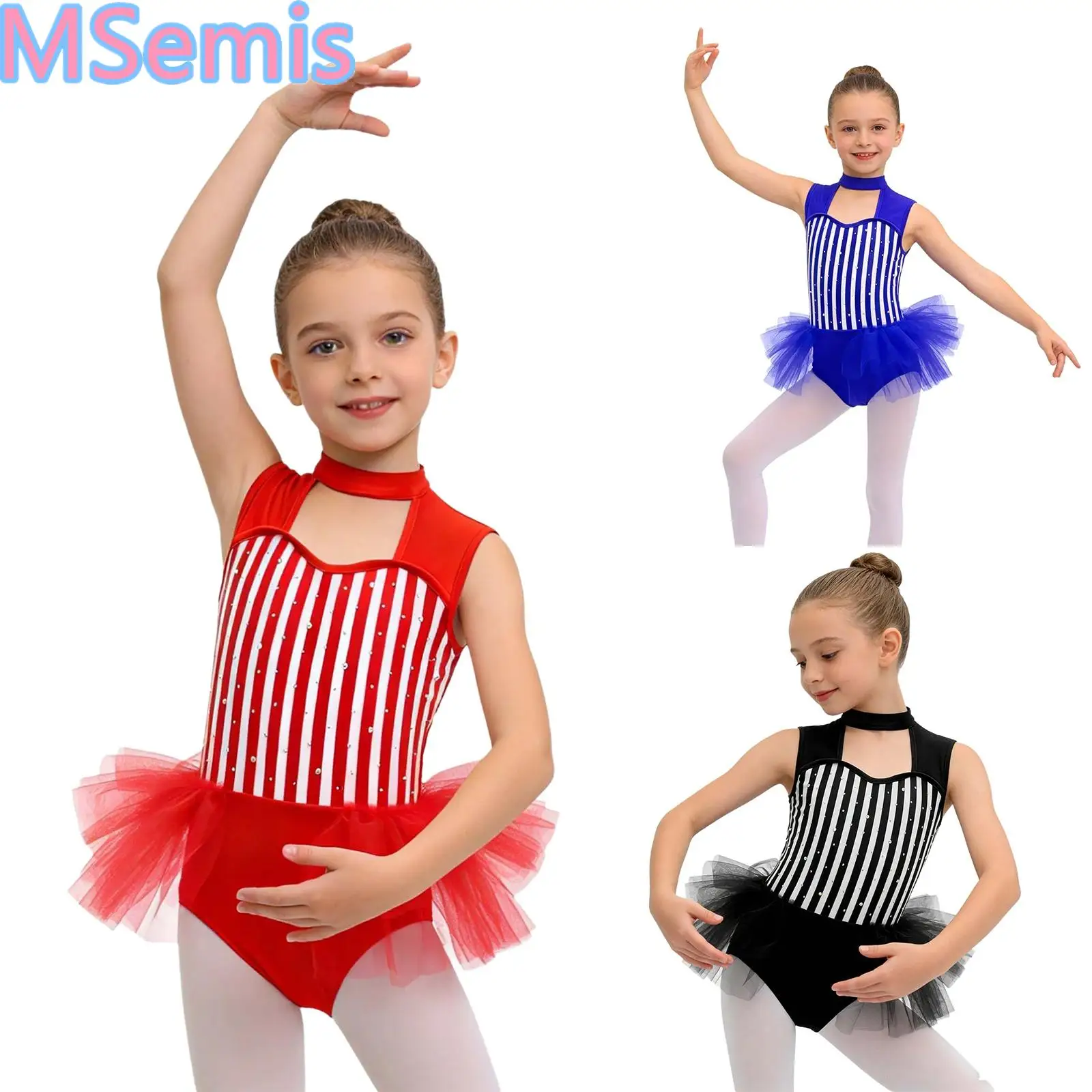 

Girls Circus Ringmaster Costume Stripe Jumpsuit Shiny Rhinestones Sleeveless Cutout Design Waist Mesh Ruffled Overlay Bodysuit