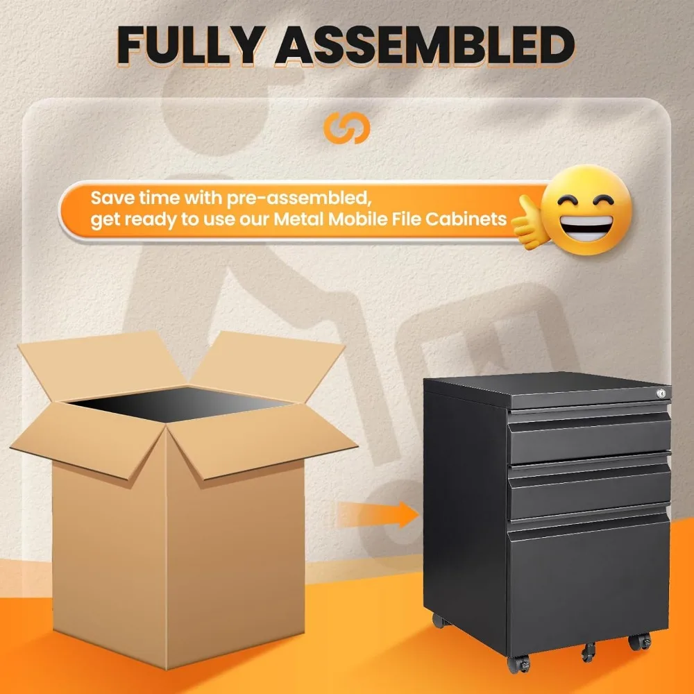 خزانة ملفات معدنية متنقلة مع قفل، خزانة تخزين دوارة ذات 3 أدراج للمكتب المنزلي، خزانة ملفات مجمعة بالكامل على عجلات