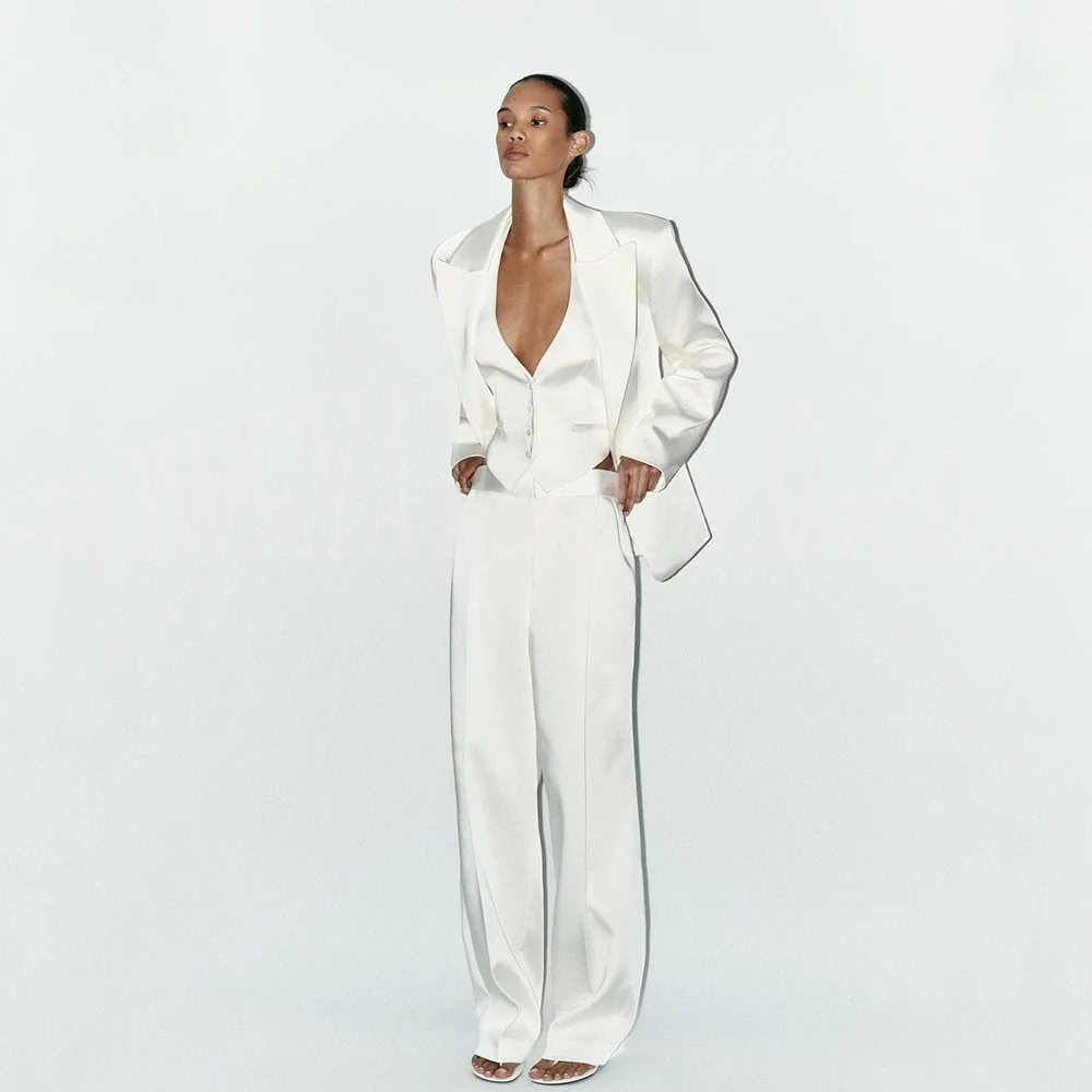 

Элегантный новый стиль: женский модный атласный костюм-тройка (пиджак, брюки, жилет) с широкими штанинами и длинными рукавами, комплект для женщин 2026