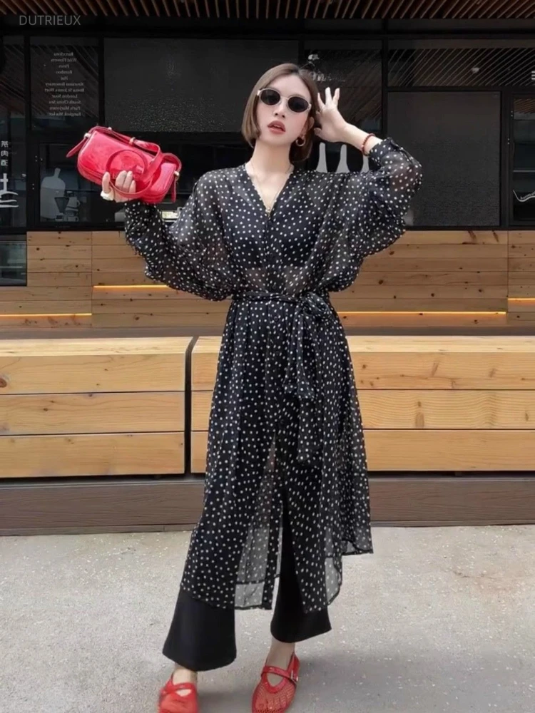 High End Black V-neck Polka Dot Dress For Women Spring Summer 2026 New Style Slim Waist Protection Cover Long Dresses Clothing
