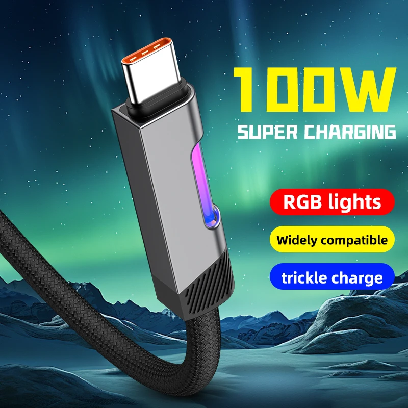 

100W USB Fast Charging Data Cable C To C Cord With RGB Breathing Light Data Cord For iPhone 15 16 17 Xiaomi Huawei Braided Wire