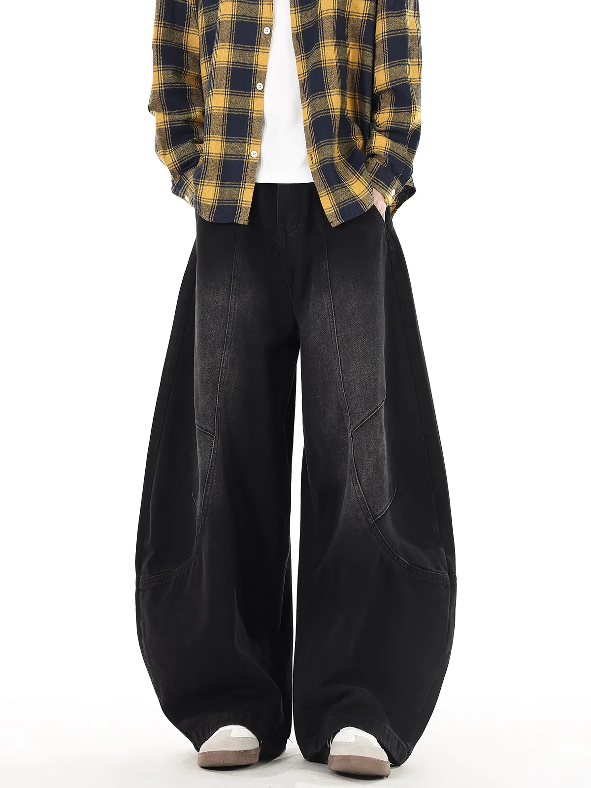 

American Style Washed Folded Deconstructed Knife Jeans Men's Loose Wide Leg Long Pants Bell Bottoms for Teenagers Autumn Wear