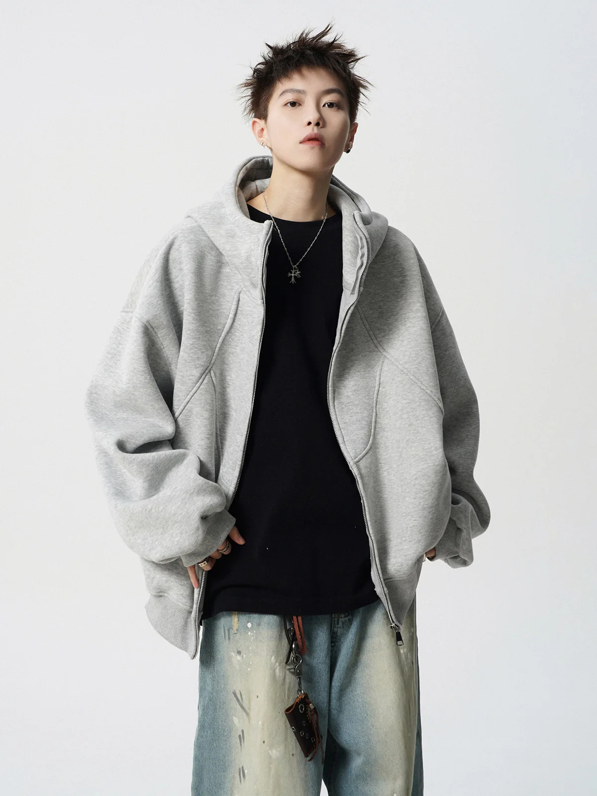 American Deconstruction Hooded Jacket Men's Winter Splicing Sweater High Street Velvet Couple Hoodie