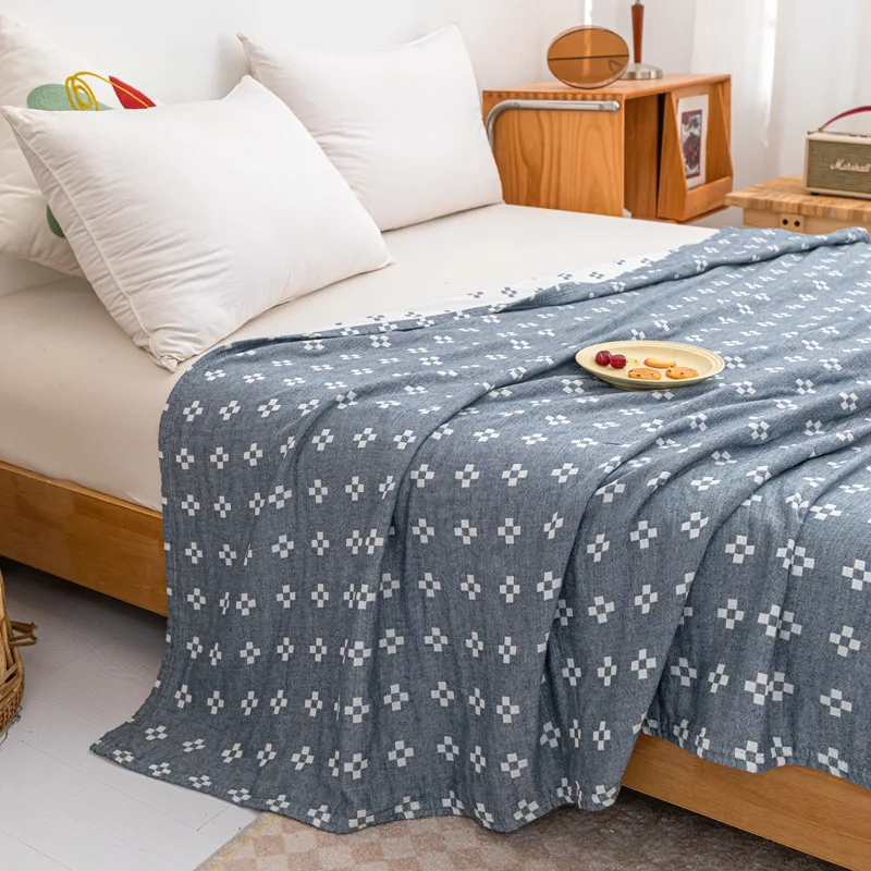 Boho 100% Cotton Blanket Muslin Twin Lightweight 3-Layer Geometric Cross Pattern Reversible Quilt Coverlet Throw Soft Breathable