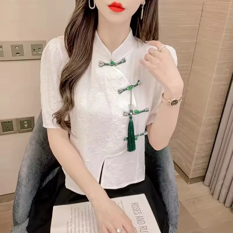 2025 verão estilo chinês camisas de mangas curtas feminino novo casaco sentido design nicho manga bolha cardigan irregular topos feminino