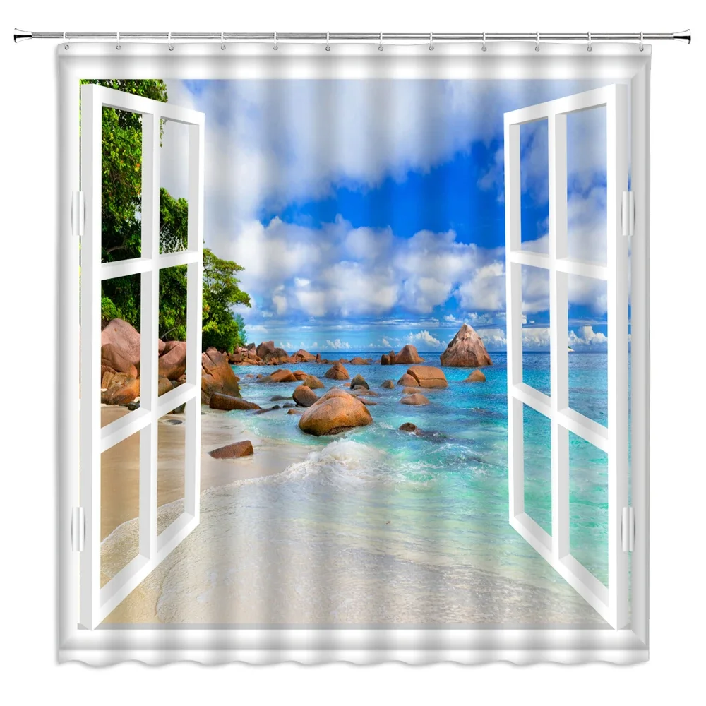 3D Shower Curtain Sunny Beach Seaside landscape Printed Bathroom Curtain Waterproof Fabric With Hooks Home Decorate Bath Screen