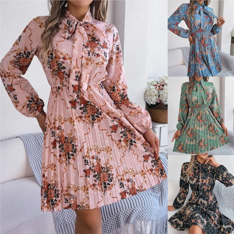 Summer Spring Bow Tie Long Sleeve Floral Pleated Mini Dressesfor Women Casual Elegant Sweet Bandage Cute Dress Vestido Female