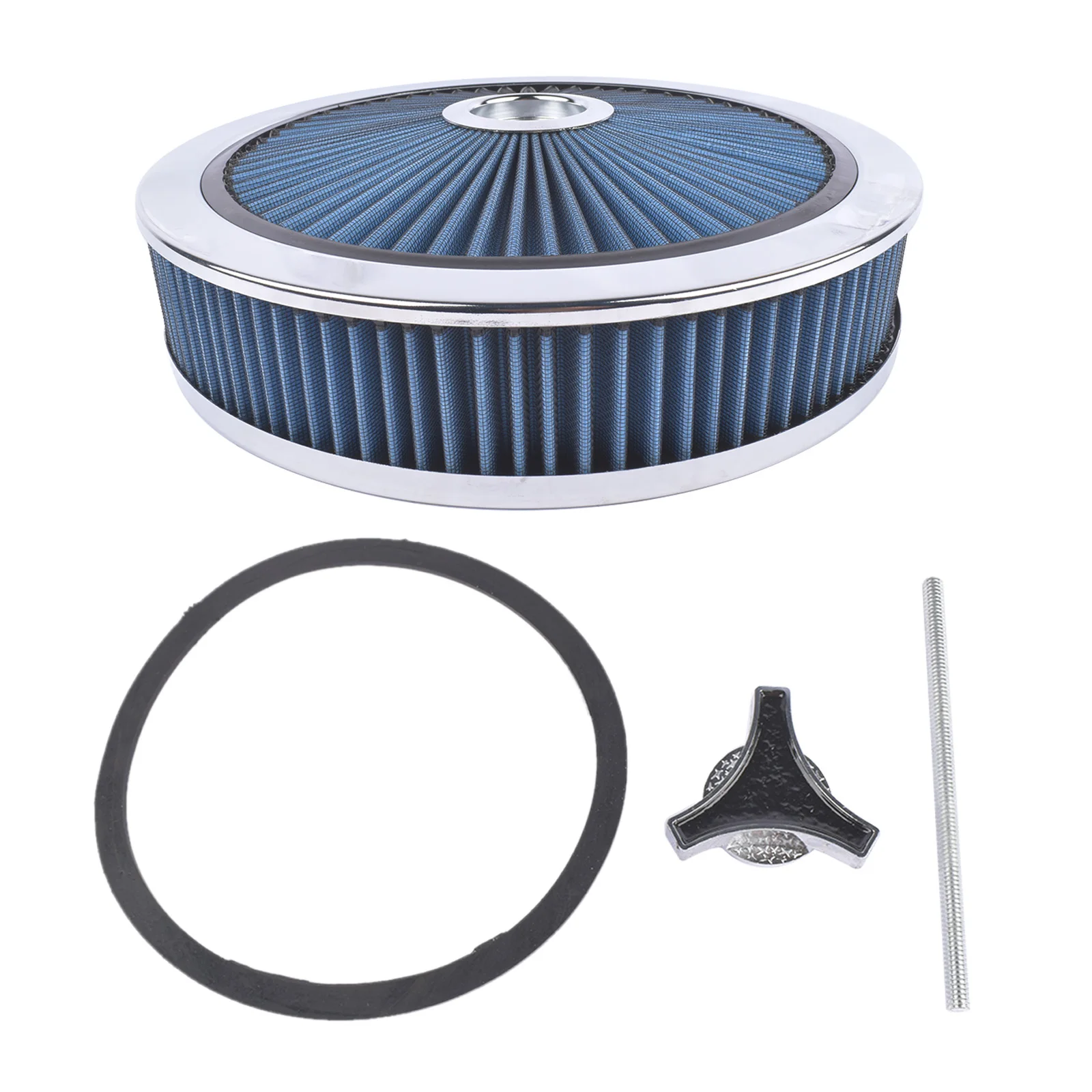 

AP02 14" x 3" Round Blue Air Cleaner Kit with Chrome Lid for 5 1/8" Neck Carburetor