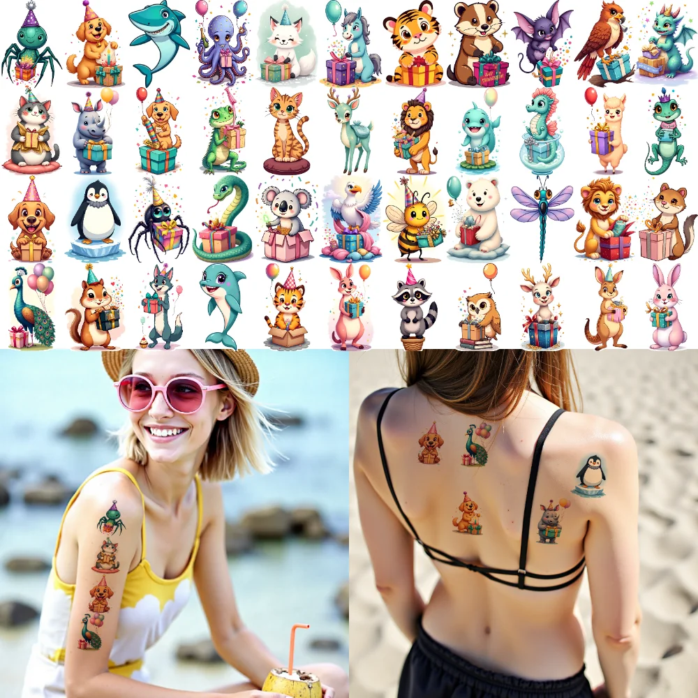 54 قطعة من ملصقات الوشم المؤقت على شكل حيوان لطيف مقاومة للماء وشم مزيف على الجسم ملصق وشم كرتوني لهدايا الحفلات للأولاد والبنات