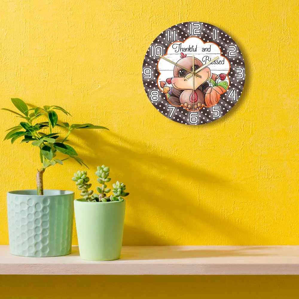 Cute Turkey Ad Pumkin Thanksful Blessed Wall Clock Thanksgiving Home Decor Silent Sweep Wall Watch Gratefull Housewarming Gift