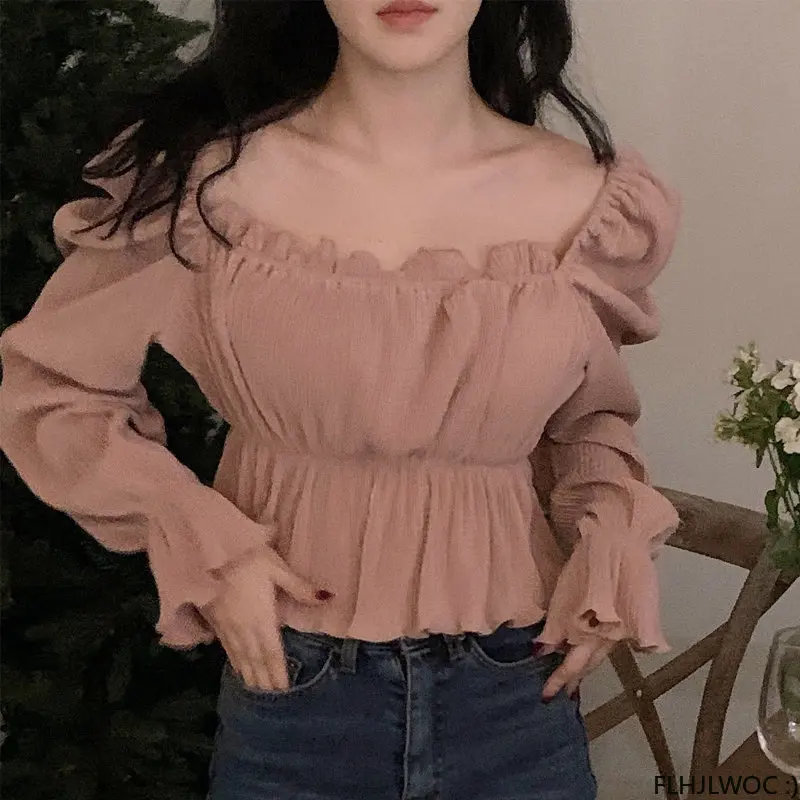 2023 Cute Pink Ruffles Peplum Korea Design Chic Tops Japan Women Solid Office Lady Party Sexy Off Shoulder Shirts Blouses