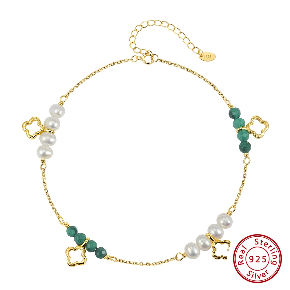 

KISS MANDY 925 Silver Natural Malachite Pearls Chain Bracelet Bangle for Women Spring Summer Wrist Clover Jewelry Gift MPB24