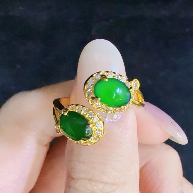 

Women's egg-shaped ring made of natural A-grade jadeite, ice-clear and bright green, new Chinese style, popular on live broadcas
