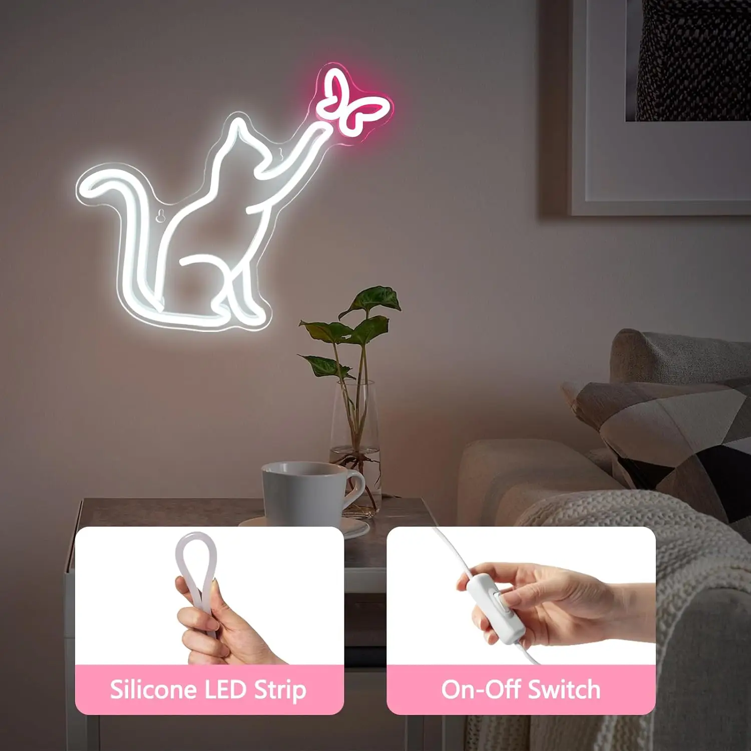 Cat Neon Sign USB Powered Dimmable On/Off Switch Butterfly LED Neon Light Wall Decor For Bedroom Birthday Kids Girl Wedding Gift