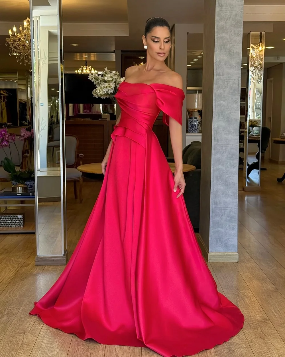

Customized Hot Pink Fashion Sizes Available Pleat Ruched Draped A-line Off-the-shoulder Long Dresses Evening Dresses for Woman