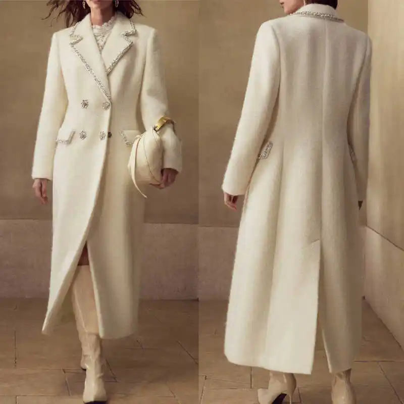 

Gorgeous Crystals Women Long Overcoat Double Breasted Office Ladies Work Jacket Winter Thick Customized One Piece