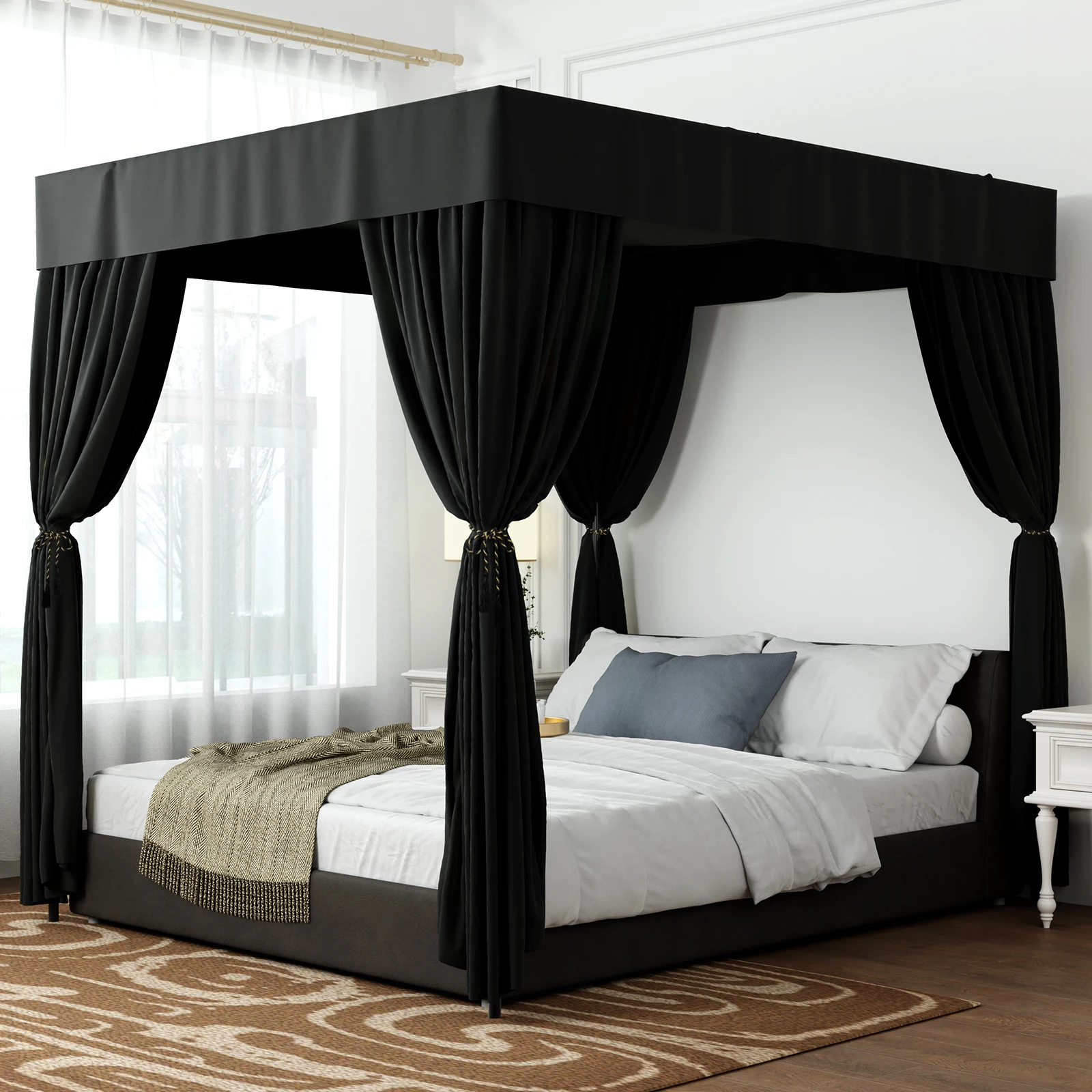 Black Four Corner Post Lightproof Windproof Bed Canopy Bed Curtains Sheer Canopy for Adults Girls Bedroom Windproof Queen/King