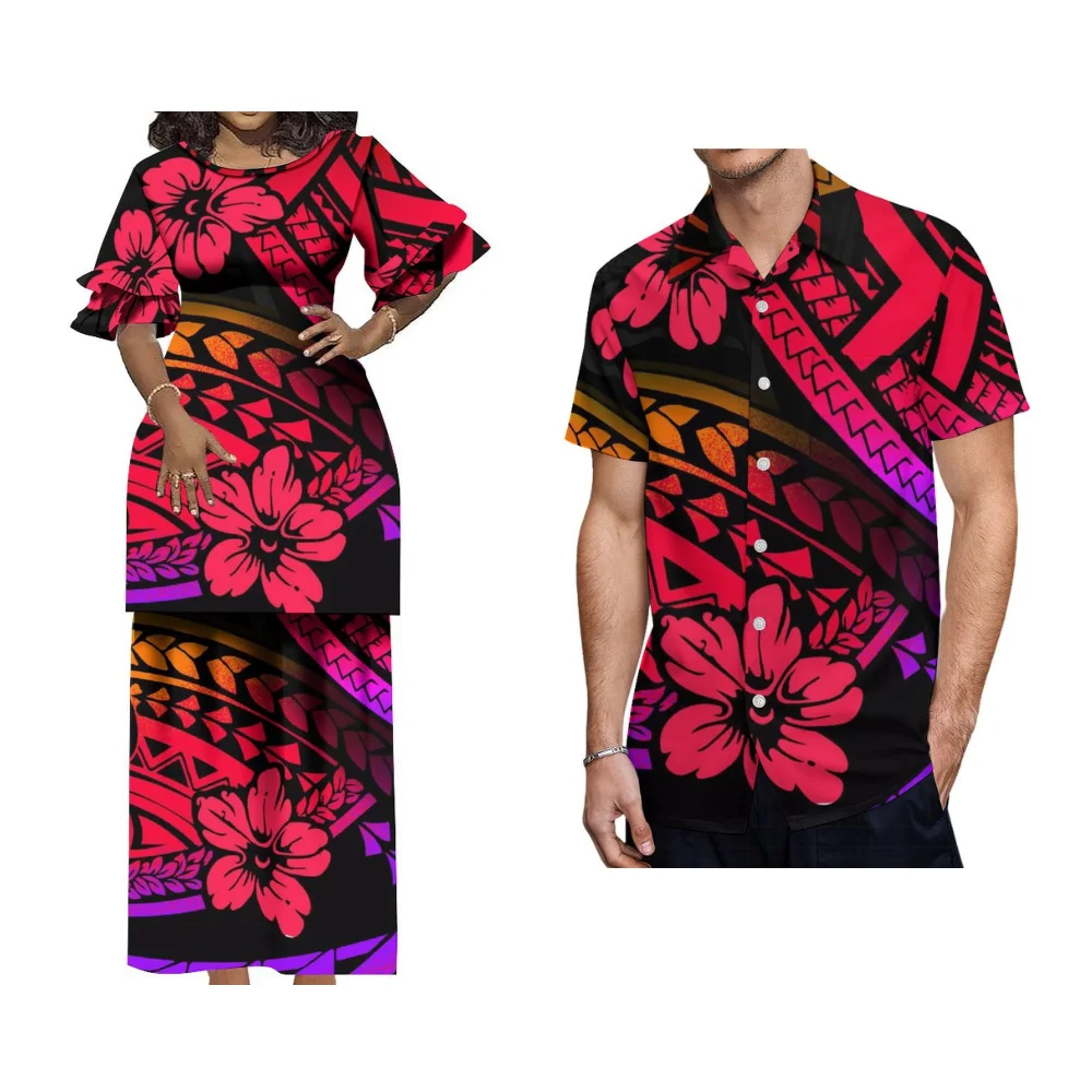 Puletasi-Vestido de manga acampanada para mujer, camisa con diseño estampado polinesiano, Top para hombre