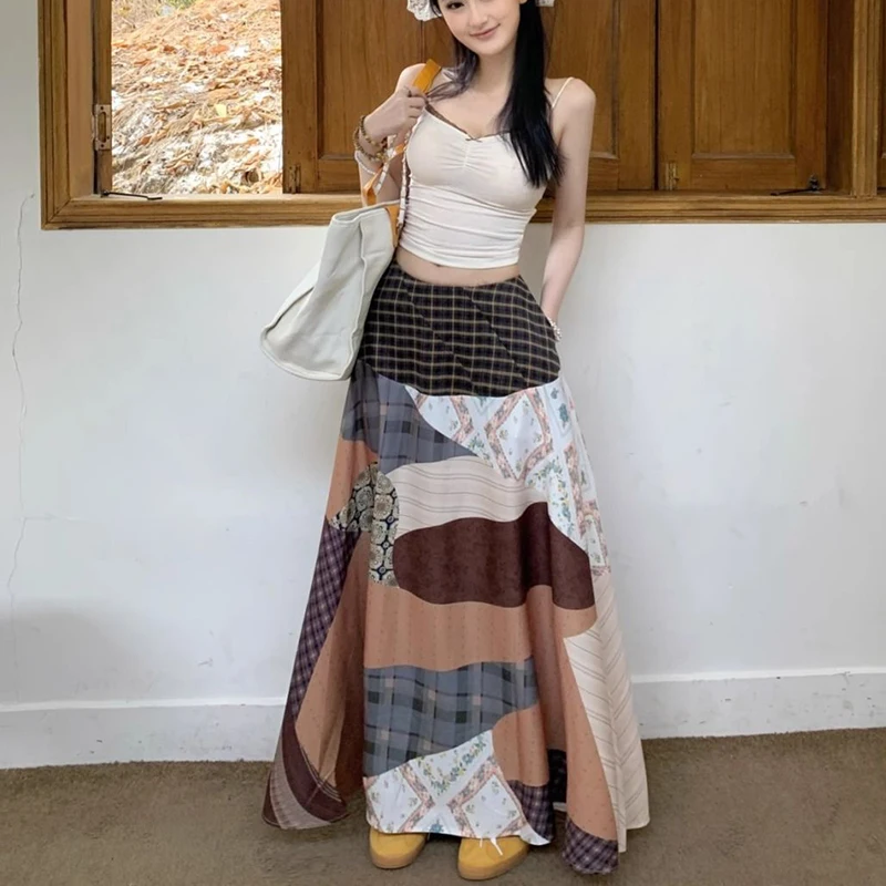 

Y2K Aesthetic Plaid Patchwork Skirts Womens Harajuku High Waist Pocket Vintage Boho Skirt Streetwear A-Line Grunge Gothic Faldas