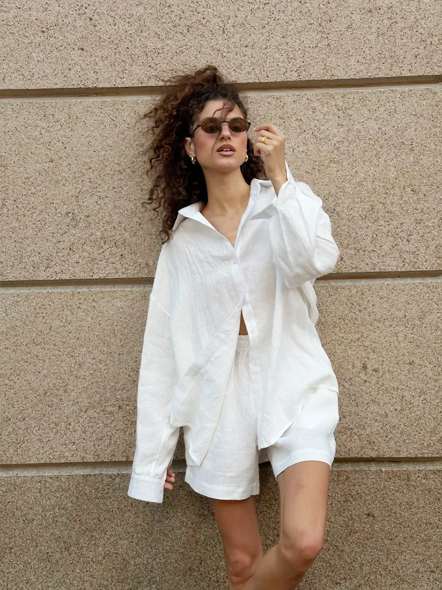 Bornladies Damen Baumwoll-Freizeitshorts-Set, einfarbig, Hemd mit Reverskragen und langen Ärmeln, Shorts mit elastischem Bund, Outfit für den Alltag und den Urlaub. – Detail 5