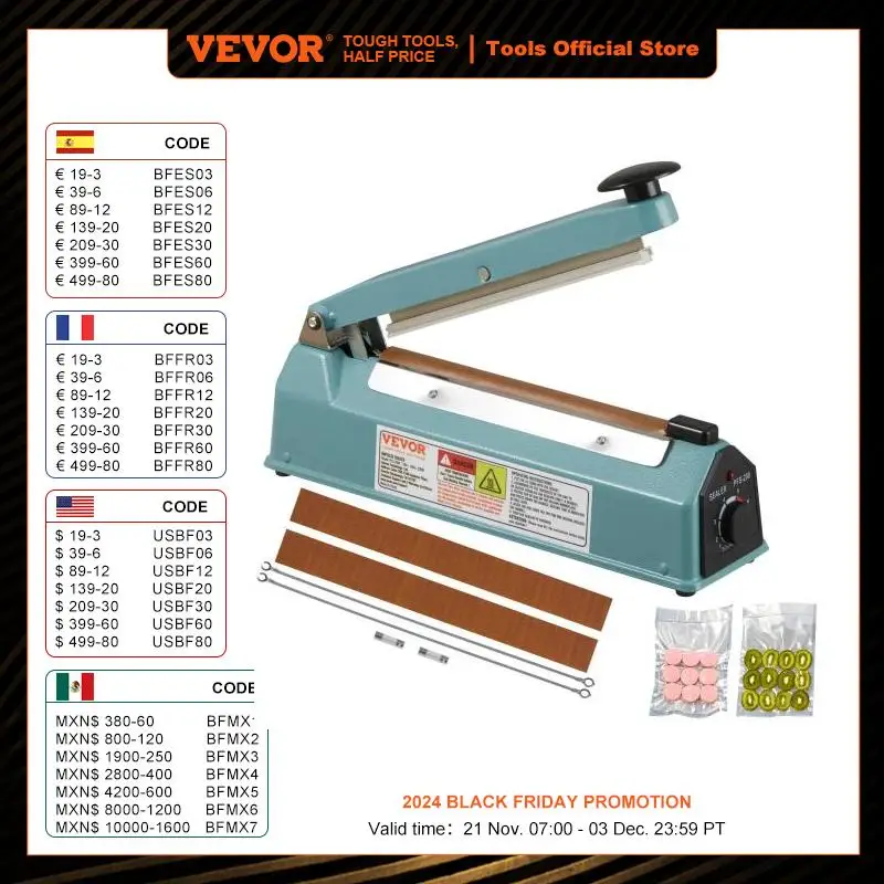 VEVOR 8/12/16in Impulse Shrink Wrap Sealer Manual Heat Poly Bag Sealing Machine with Adjustable Mode for Plastic Mylar PP Bags