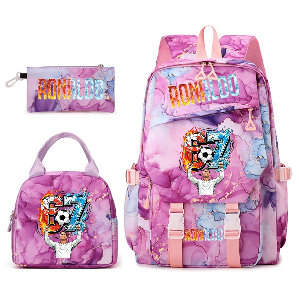 Cr7 Ronaldo 67 Juego de mochila escolar con estampado para estudiantes, con bolsa para el almuerzo, estuche para lápices, mochila de viaje escolar para adolescentes y niñas