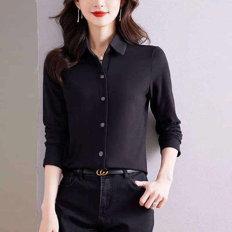 Autumn and Winter Double-sided Brushed Shirt for Women\'s Fashion Design Slimming Effect Layering Bottom Layer Cardigan Shirt