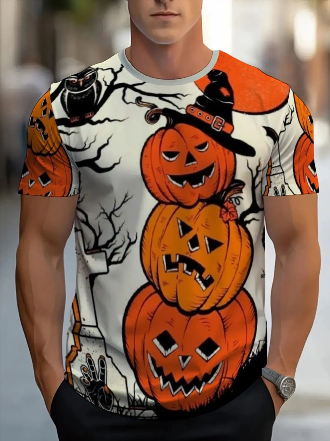 Men Short Sleeve T‑Shirt 3D Stacked Pumpkin Witch Hat Owl Tombstone Print Retro Halloween Casual Party Top