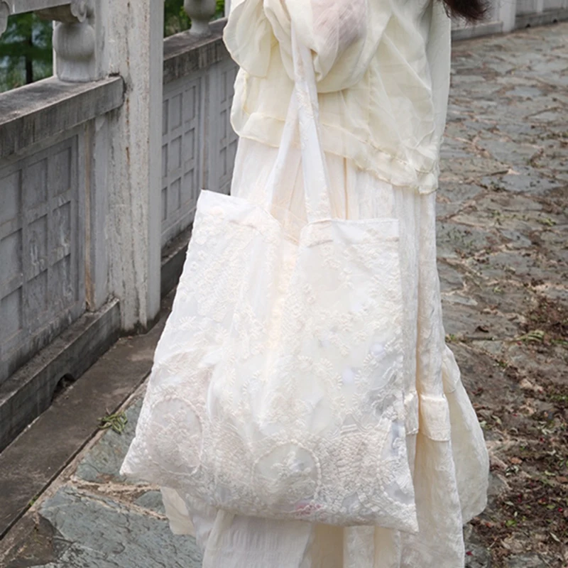 

New Soft Embroidered Floral Shoulder Bag Organza Large Capacity Lace Handbag Portable Tote Bag Women