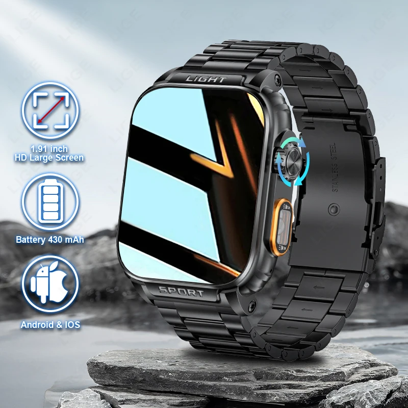 

LIGE 1.91-inch AMOLED Screen Smart Watch LED Flashlight Health Monitor Bluetooth Call Waterproof Men Smartwatch Outdoor Sport