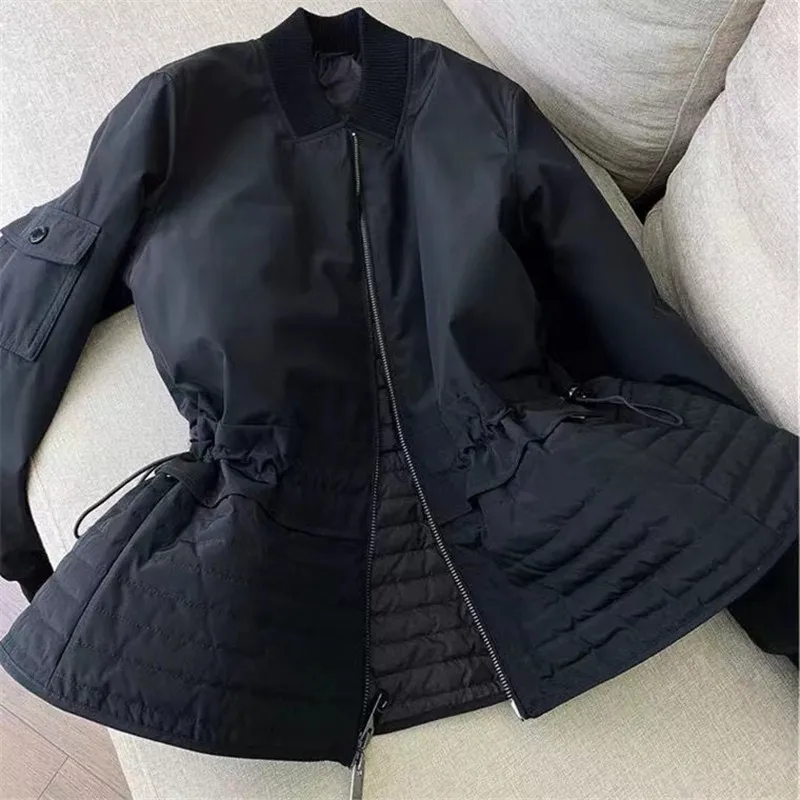 

Новинка 2023 года, осенняя элегантная куртка, женская повседневная куртка с завязкой на талии, женское пальто с воротником-стойкой, однотонная базовая верхняя одежда на молнии с длинными рукавами