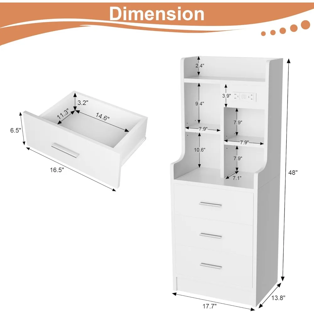 Tall Nightstand with Charging Station and USB Ports, Bedside Table with Open Bookshelf, Endtable with 3 Drawers, for Bedroom,St