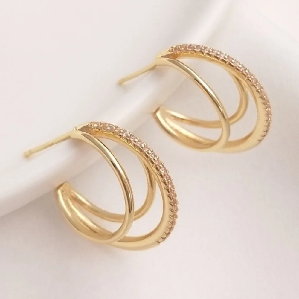 

Copper Earrings 14K Gold Color Three Circles C Shaped Zircon Stud Earrings Circle DIY Fashion Trend Temperament Earrings