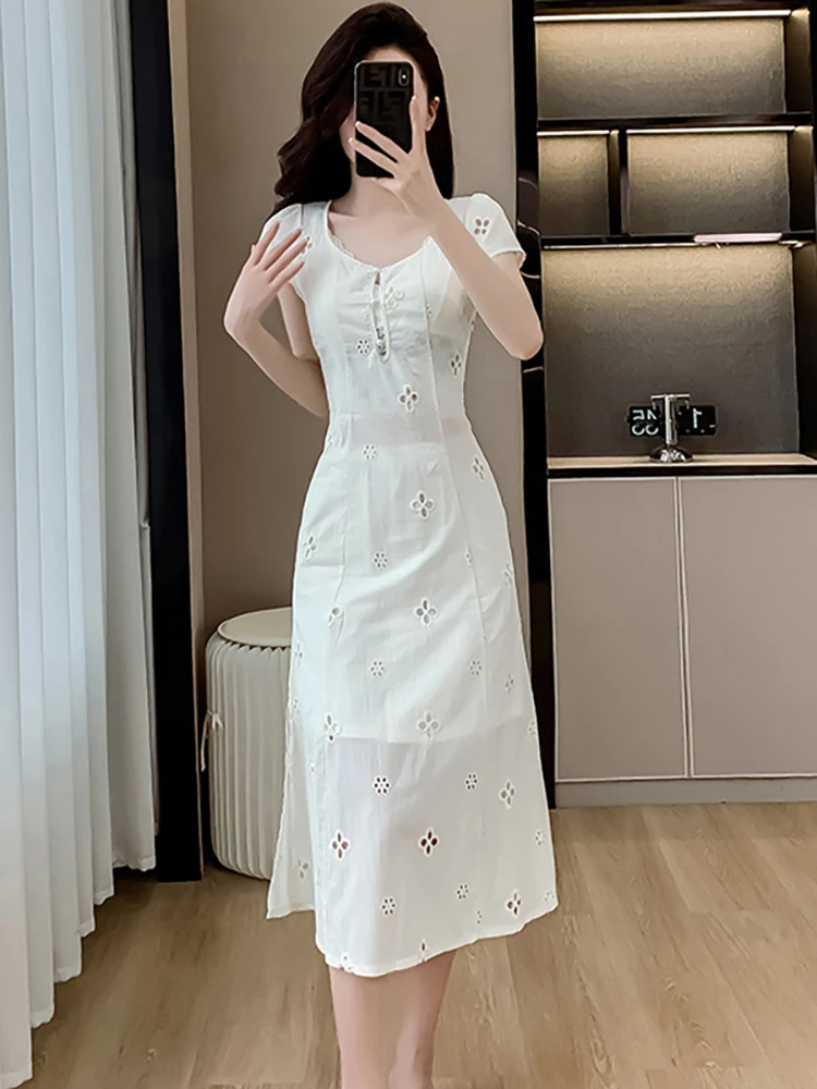 

Women Korean Fashion Elegant One Piece Dress Summer White Embroidery Hollow Out Dress 2025 Short Sleeve Bodycon Festival Dresses