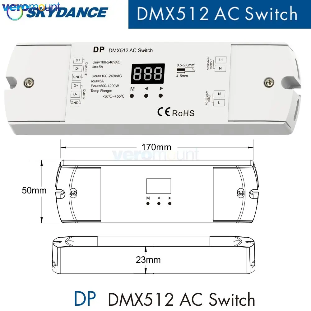 

Переключатель Skydance DP DMX512 AC110V 220V 1CH * 5A 500-1200W RDM DMX декодер автономная функция/номерный дисплей для светодиодных фонарей