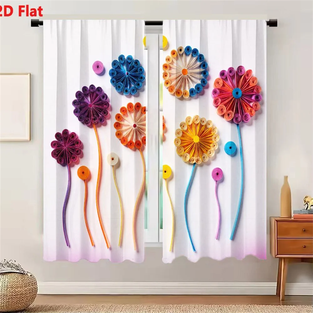 2Pcs Curtains 2D Flat Colorful Paper Quilling Flowers Collection with 7 Distinct Designs Including Blue Orange Pink Purple Yello