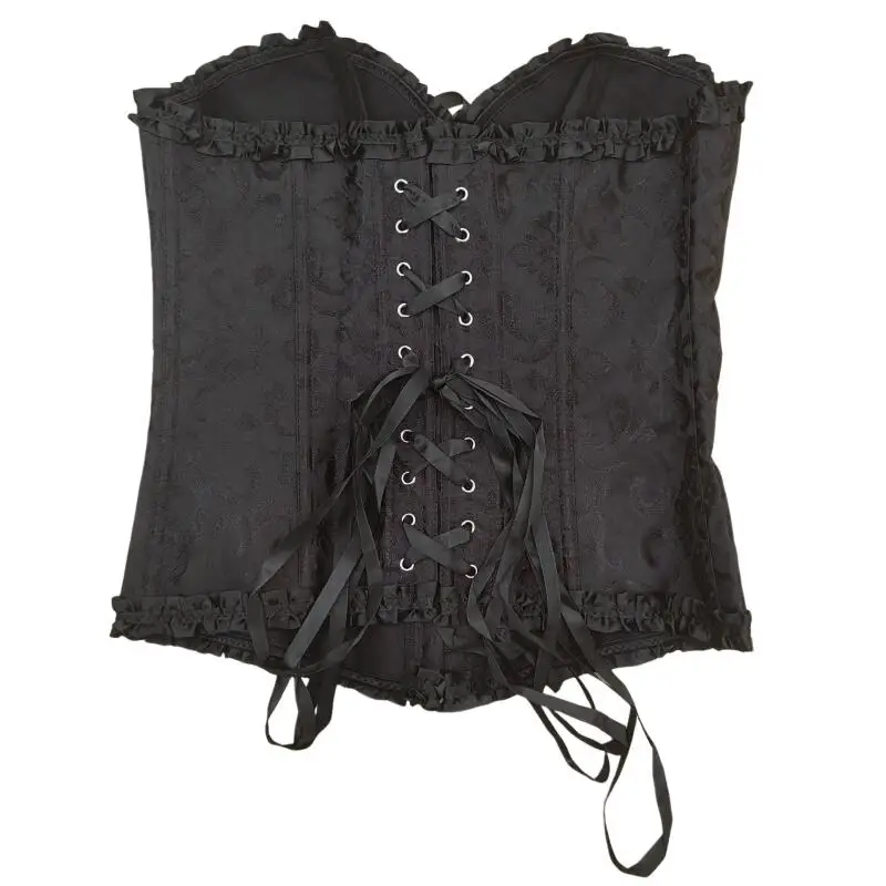 Black Jacquard Corset Top Women Vintage Overbust Bustier Boned Shapewear Gothic Lingerie With Ruffle Trim For Court Party Clothe - view 3